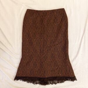Vintage Nanette Lepore Wool Pencil Skirt Lace Crochet Trim Tapestry Sz 2